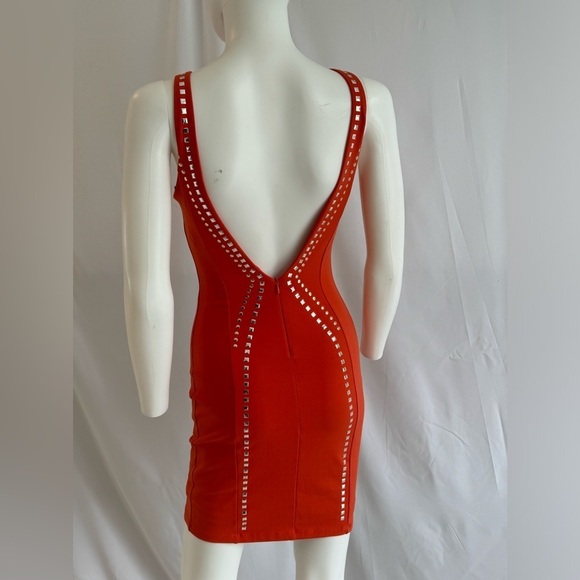 BEBE addiction, Orange Coloured Studded Mini Dress Scoop Neck open back. Size S - Picture 3 of 7